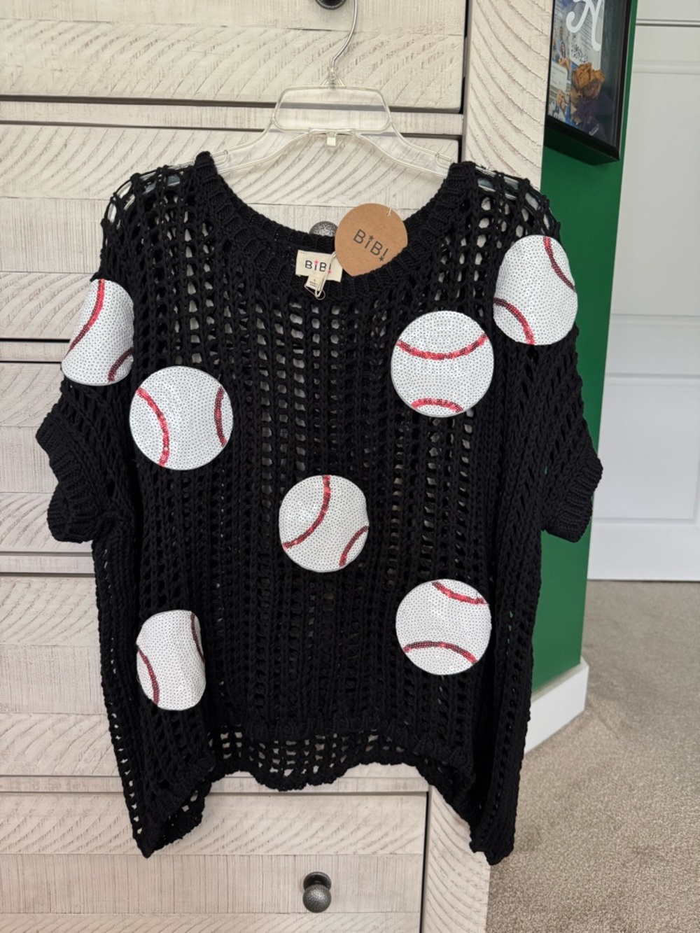 BiBi Black Crochet Sweater with Baseball Motifs